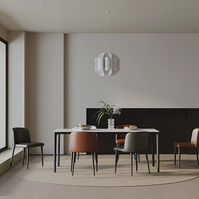 Modern Dining Table Set With Colorful Chairs White Pendant Light Vase Plants And Neutral Wall 3d model