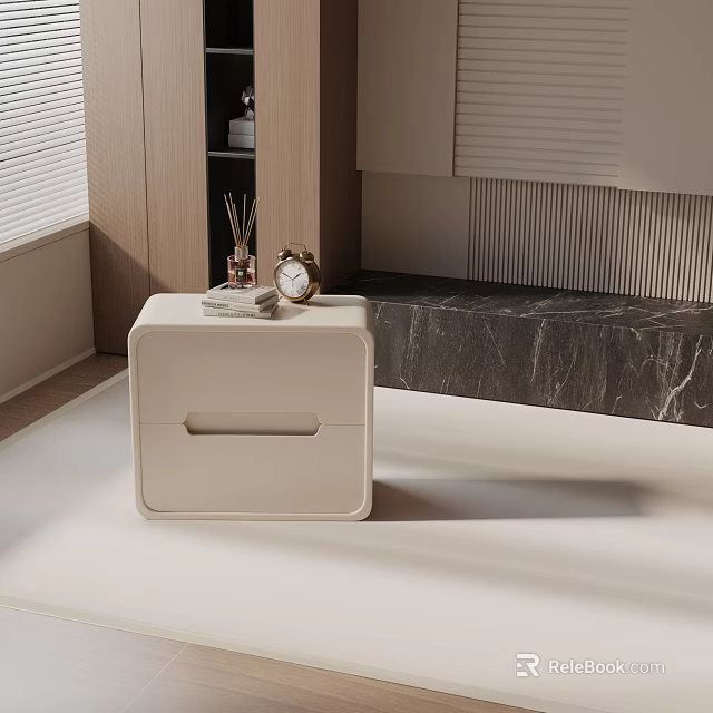 White Side Table with Drawer Alarm Clock and Book in Minimalist Interior 3d model