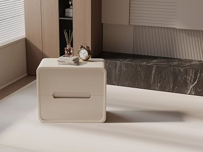White Side Table with Drawer Alarm Clock and Book in Minimalist Interior 3d model