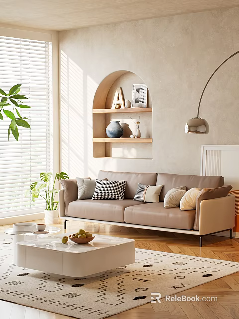 Modern Beige Sofa and Coffee Table Set with Cushions Fruits Plants and Arched Shelf 3d model 
