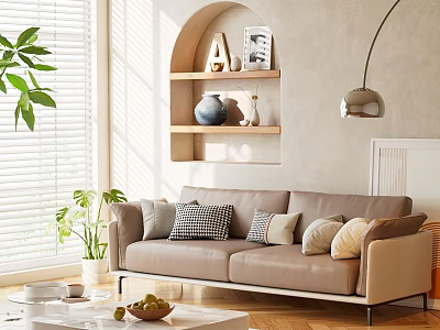 Modern Beige Sofa and Coffee Table Set with Cushions Fruits Plants and Arched Shelf 3d model