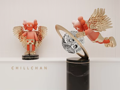 Red Winged Sculptures with Golden Wings Silver Ring and Black Marble Base 3d model