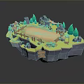 Scenic Floating Island Landscape With Green Trees Small Buildings Fences Red Barrels And Rocky Terrain
