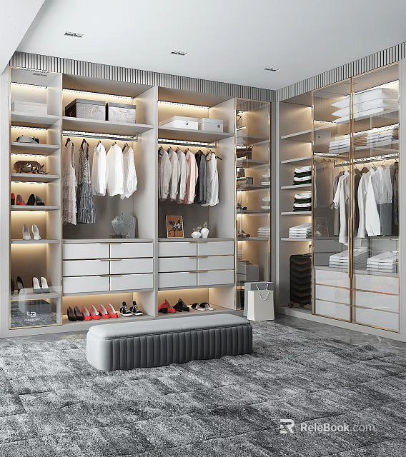 Elegant Walk in Closet Interior With Built in Storage Hanging Rods Drawers And LED Lighting 3d model 