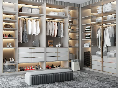 Elegant Walk in Closet Interior With Built in Storage Hanging Rods Drawers And LED Lighting 3d model