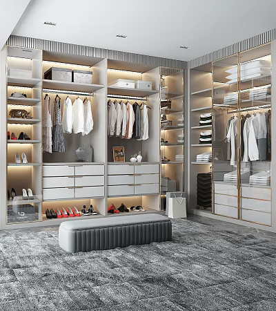Elegant Walk in Closet Interior With Built in Storage Hanging Rods Drawers And LED Lighting 3d model