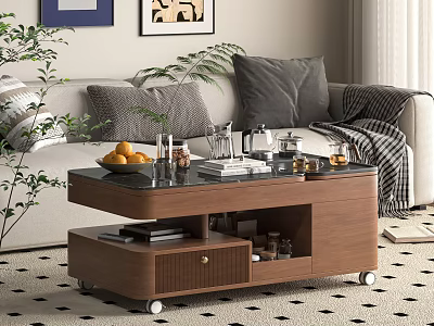 Modern Wooden Coffee Table with Black Glass Top Storage Drawer Open Shelf and Decorative Items 3d model