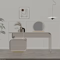 Modern Elegant Dressing Table with Round Gold Mirror Potted Green Plant and White Wall Art