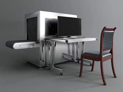 Public Facility Security Scanner With Monitor On Counter And Wooden Chair 3d model