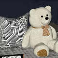 White Teddy Bear Doll with Geometric Pillow and Downtown Baseball Bat in Bedroom
