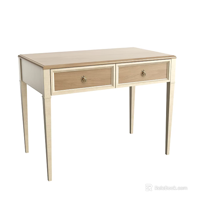 Elegant Wooden Desk With Two Drawers Gold Knobs And Slender Legs 3d model