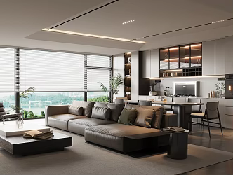 Light Luxury Home Guest Restaurant Leather Sofa Coffee Table Combination Three-Seat Sofa Marble Coffee Table Marble Dining Table and Chair Cabinet Wine Cabinet Kitchen Large Flat Floor 3d model