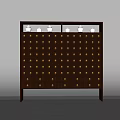 Wooden Display Cabinet With Multiple Drawers And Golden Handles Featuring White Jars On Top