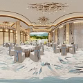 Luxurious Banquet Hall Interior With Crystal Chandeliers And Dining Table Chair Arrangements