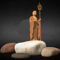 Exquisite Standing Buddhist Figure Sculpture Holding Decorative Staff And Golden Orb