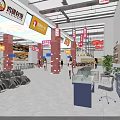 Shopping Mall Store Interior with Colorful Signs Hanging Lights Seating Area and Display Counters