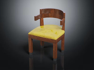 Minimalist Wooden Chair With Yellow Cushion And Curved Armrests Interior Design 3d model