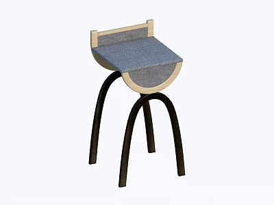 Modern Minimalist Bar Stool With Blue Fabric Seat And Black Curved Wooden Legs 3d model
