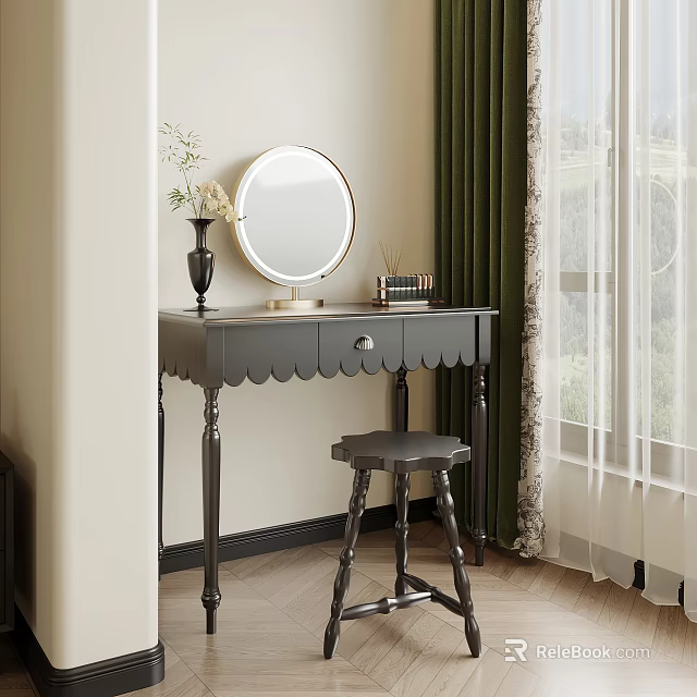 Elegant Dressing Table With Round Mirror Vase Flowers Stool Green Curtains And Window View 3d model 