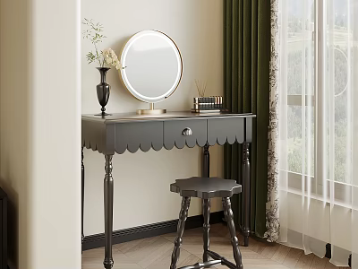 Elegant Dressing Table With Round Mirror Vase Flowers Stool Green Curtains And Window View 3d model
