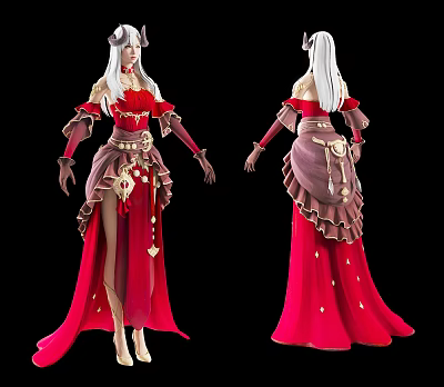 Game and Movie Character with White Long Hair Horns Red Long Dress and Brown Decorations 3d model