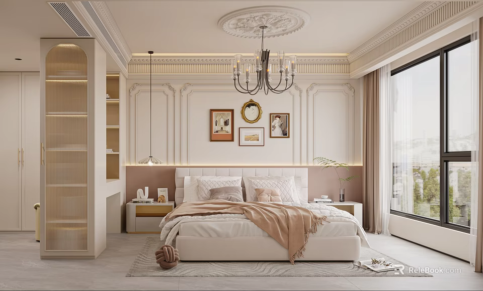 Elegant Modern Bedroom Interior With Ceiling Medallion Chandelier Framed Pictures Bedside Tables And Large Window 3d model 