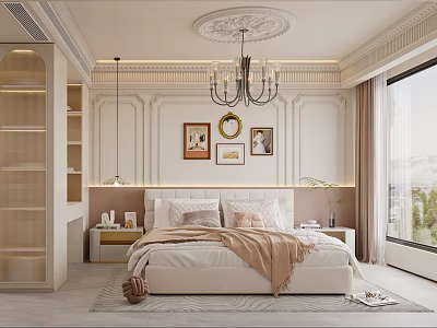 Elegant Modern Bedroom Interior With Ceiling Medallion Chandelier Framed Pictures Bedside Tables And Large Window 3d model