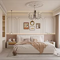 Elegant Modern Bedroom Interior With Ceiling Medallion Chandelier Framed Pictures Bedside Tables And Large Window