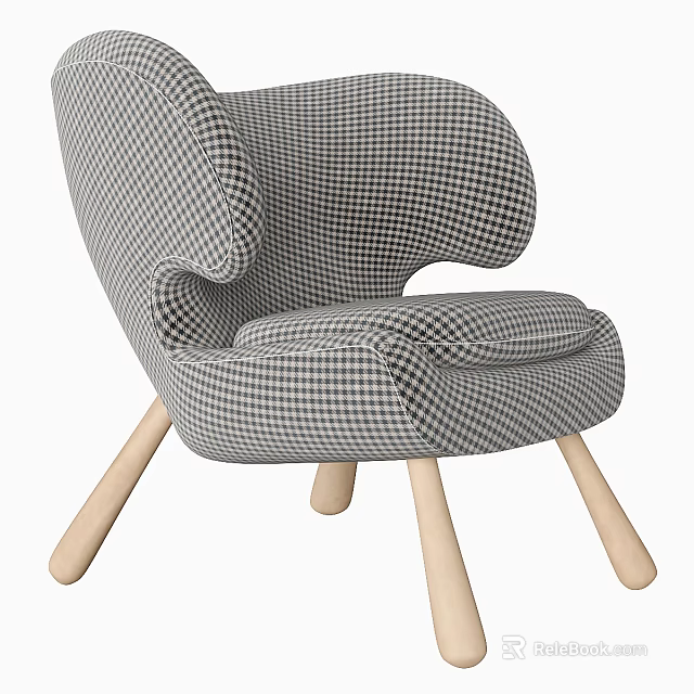 Unique Leisure Chair With Black White Plaid Fabric Curved Backrest And Wooden Legs Design 3d model 