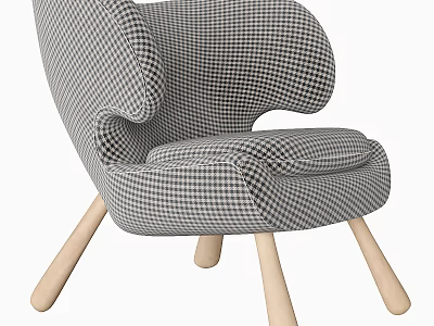 Unique Leisure Chair With Black White Plaid Fabric Curved Backrest And Wooden Legs Design 3d model