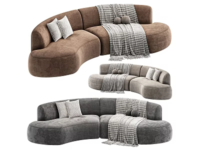 Curved Sectional Multi Person Sofa In Brown Gray Plush Material With Decorative Pillows And Throw Blanket 3d model
