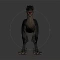 Realistic Velociraptor Dinosaur Character With Blue Green Body White Stripes Red Eyes Open Mouth Standing Pose
