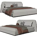 Modern Double Bed with White Upholstered Headboard Brown Throw Blanket and Checkered Pillows 3d model
