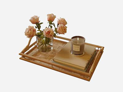 Bamboo Tray With Pink Roses In Glass Vase Candle And Notebooks For Home Decor 3d model