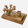 Bamboo Tray With Pink Roses In Glass Vase Candle And Notebooks For Home Decor