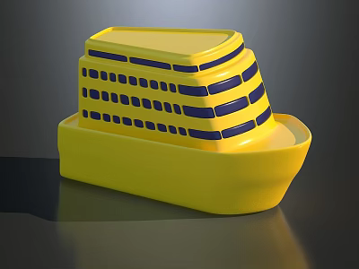 Yellow Toy Cruise Ship Model Featuring Blue Stripes And Multiple Windows 3d model