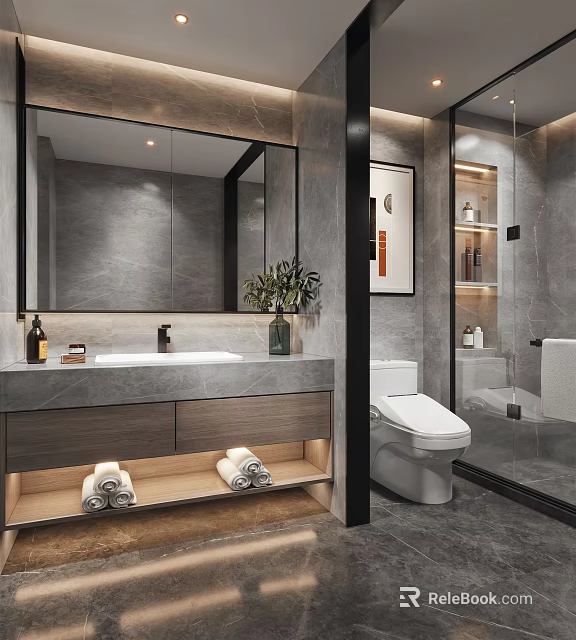 Modern Bathroom Design With Large Mirror Vanity Marble Countertop Open Shelf Toilet Glass Shower 3d model 