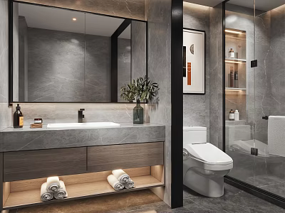 Modern Bathroom Design With Large Mirror Vanity Marble Countertop Open Shelf Toilet Glass Shower 3d model