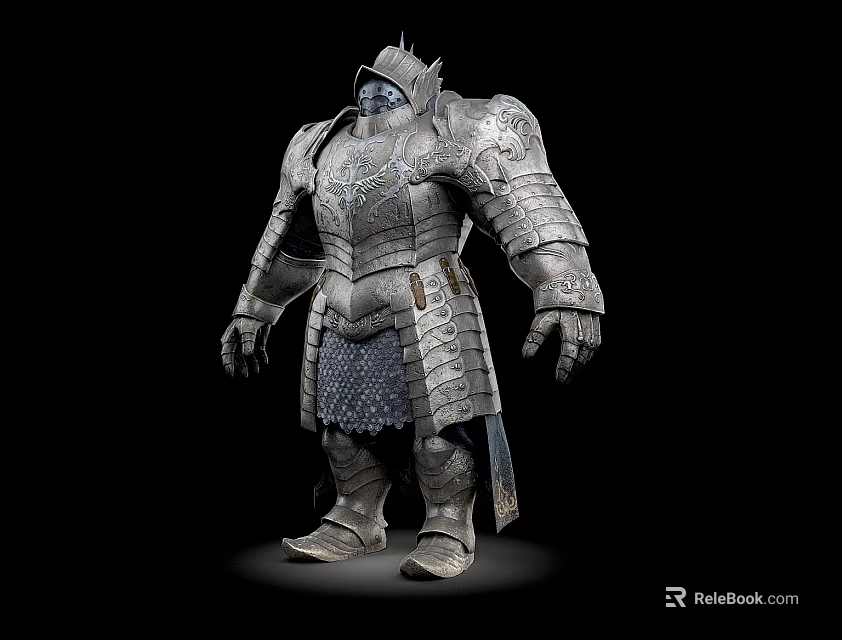 Man In Metallic Full Body Armor With Ornate Shoulder Plates And Helmet 3d model 