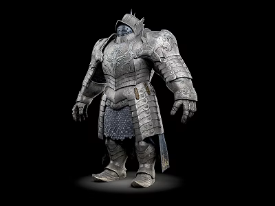 Man In Metallic Full Body Armor With Ornate Shoulder Plates And Helmet 3d model