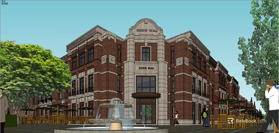 King Way Commercial Street Featuring Red Brick Building Central Fountain and Outdoor Seating 3d model 