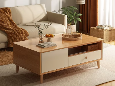Modern Wooden Coffee Table With White Drawers Sofa Blanket Potted Plant Books Fruits Tray 3d model