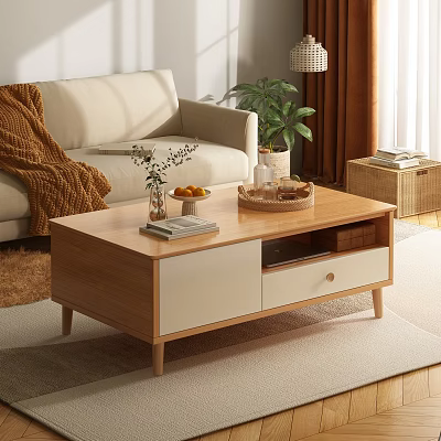 Modern Wooden Coffee Table With White Drawers Sofa Blanket Potted Plant Books Fruits Tray 3d model