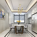 Modern Dining Room Interior With White Cabinets Chandelier Round Table Yellow Flowers And Decorative Painting
