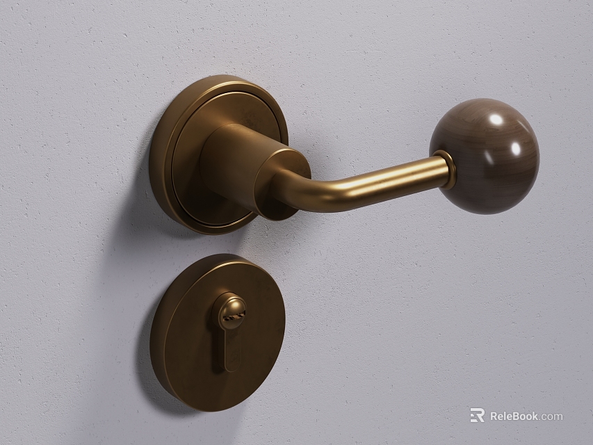 Brass Door Handle With Ball Shaped Knob And Circular Lock Plate On White Wall 3d model 