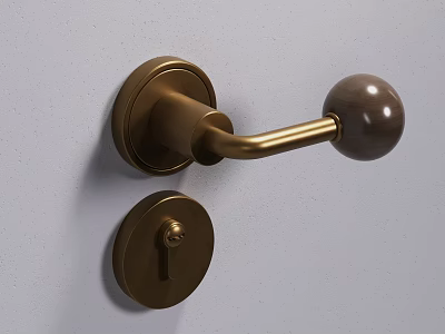 Brass Door Handle With Ball Shaped Knob And Circular Lock Plate On White Wall 3d model