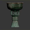 Ancient Bronze Stem Cup Carving Sculpture With Intricate Patterns And Green Patina