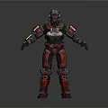 Futuristic Human Character In Red Black Mechanical Armor With Metallic Details