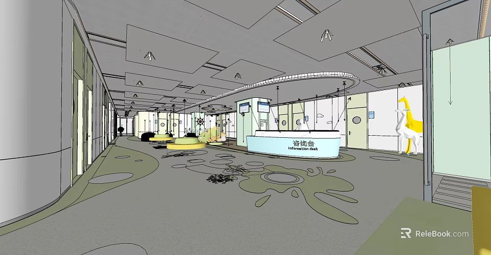 Modern Reception Area Interior Design With Consultation Desk Sofas Carpet And Ceiling Lights 3d model