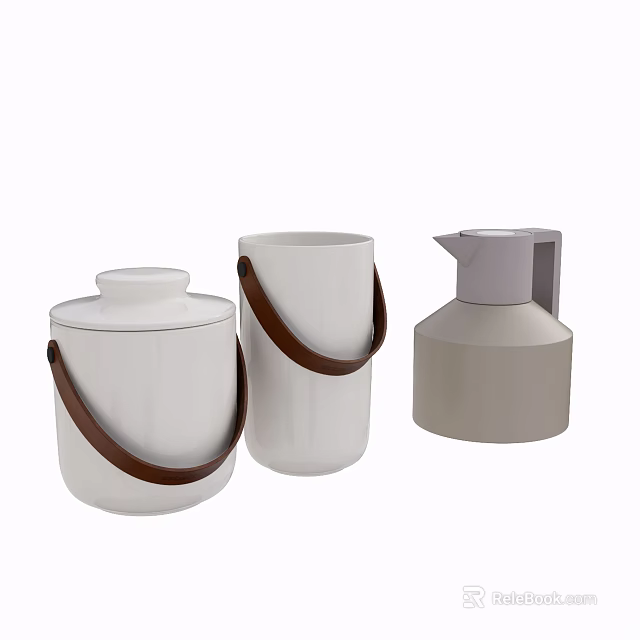 Ceramic Vessels With Leather Handles White Gray Lid And Pitcher Design 3d model 